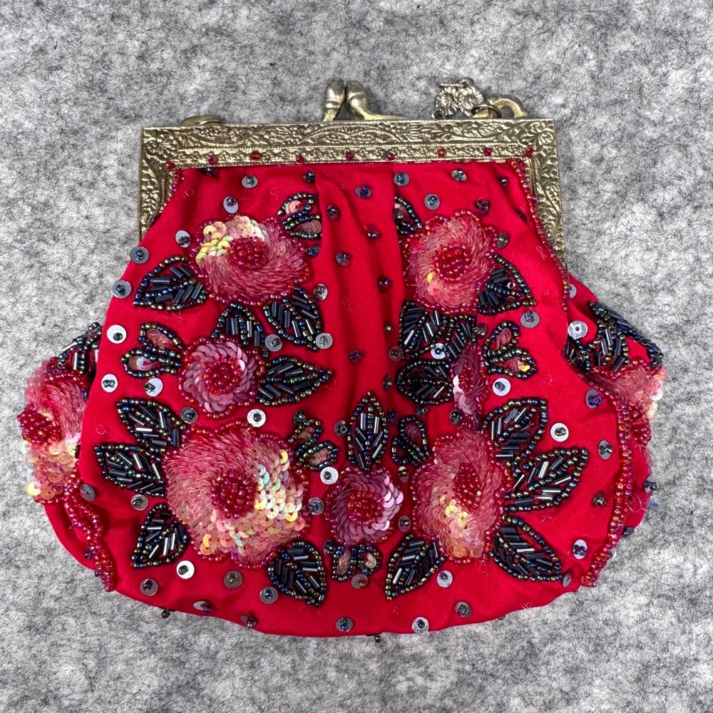 Vtg Victorian Floral Sequin Beaded Clutch Bag Red Fairy Romantic Kiss Lock
